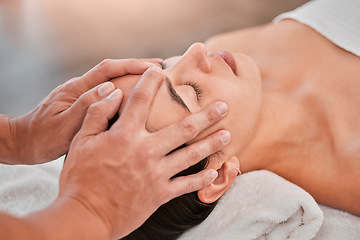 Image showing Woman, hands or head massage in spa headache relief, stress management or self love healthcare wellness. Man, massage therapist and masseur with relax client in zen, calm or peace luxury hotel salon