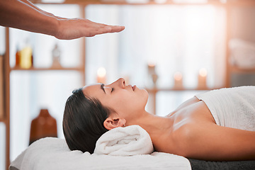 Image showing Spa, wellness and reiki massage of a woman sleeping for beauty, skincare and skin health therapist. Zen, salon facial and relax client detox, holistic and dermatology therapy feeling peace and calm