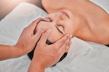 Image showing Woman, hands and head massage in relax spa for healthcare wellness, self care or stress management. Massage therapist, man or masseur with luxury beauty salon client for skincare facial or zen break