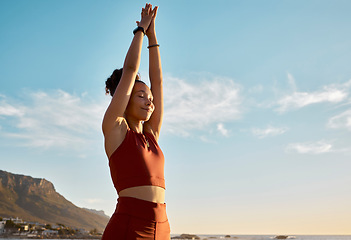 Image showing Black woman, yoga pray hands and meditation wellness on beach. Happy zen girl, spiritual fitness breathing and mental health for mindfulness reiki energy or relax pilates exercise workout in nature