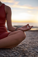 Image showing Hand, woman and yoga at the beach at sunset, zen and relax exercise, mudra and chakra training with mockup. Meditation, hands and girl meditating at the sea, peace and energy in nature environment