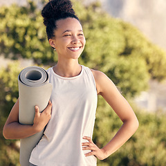 Image showing Happy, yoga and zen black woman in nature or park to start pilates training, meditation and breathing exercises. Smile, freedom and healthy girl with mat for stretching, relaxing and calm mindfulness