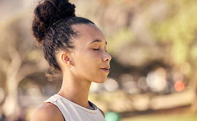 Image showing Woman, mediation and yoga with breathing, exercise and zen outdoor in a nature park in spring with peace. Freedom, healthcare lifestyle or relax gen z girl meditate for chakra energy balance or faith