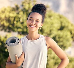 Image showing Fitness portrait, yoga mat and black woman at park ready for workout, exercise or mindfulness outdoors. Meditation, zen and happy female from South Africa preparing for pilates training for wellness