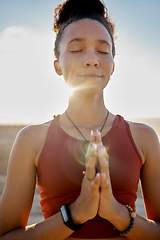 Image showing Yoga, pray hands and zen meditation or mental health in sunshine outdoors. Young woman relax, fitness and peace chakra or faith worship praying for balance, mindfulness and spiritual breathing