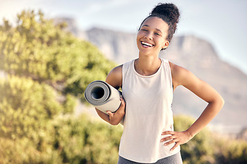 Image showing Yoga, nature and portrait black woman with fitness, health and wellness smile for cardio, workout and meditation training. Happy, zen and calm sports girl with gear on mountain for pilates exercise