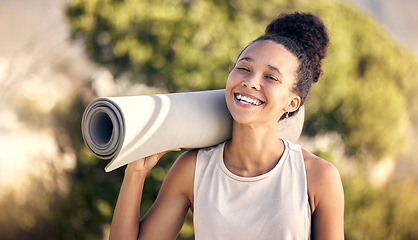 Image showing Pilates, yoga mat and nature portrait of black woman ready to start health fitness, wellness exercise or outdoor workout. Peace, freedom or happy girl smile before sports performance training in park