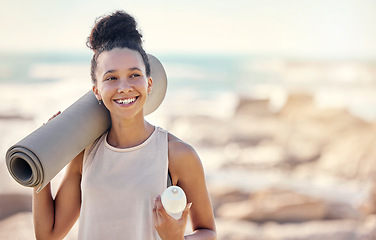 Image showing Happy black woman, fitness and smile for yoga in preparation for training, exercise or workout at the beach. Female smiling in spiritual wellness holding sports mat for calm, zen and exercising day