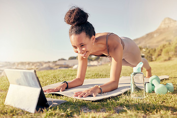 Image showing Tablet, woman and workout for meditation for exercise, relax and health to connect in nature. Digital device, black girl or female with online tutorial, fitness class and wellness on yoga mat