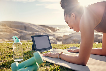 Image showing Yoga, nature and tablet with woman on fitness online class, live streaming or video learning mockup in summer. Pilates, stretching and workout sports girl in a park with exercise gear and tech screen