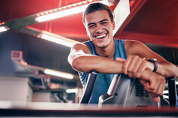 Image showing Fitness, gym and portrait of happy man with smile after exercise, workout and training for health and wellness. Athlete or personal trainer with energy, happiness and commitment to healthy lifestyle