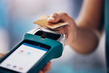 Image showing Credit card payment, shopping and closeup at digital nfc terminal for money, pos or cashier at shop. Woman, hand and card for service, discount or cashless purchase with retail, tech or help at store