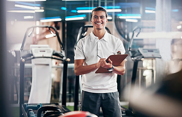 Image showing Gym, fitness and portrait of a personal trainer with a clipboard for a training consultation. Happy, smile and sports coach or athlete with a wellness, health and exercise checklist in workout center