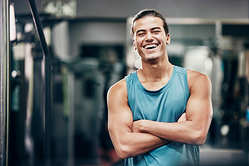 Image showing Fitness, gym and happy portrait of personal trainer man ready for workout coaching. Training, wellness and exercise coach confident with arms crossed at professional athlete health club.