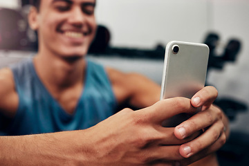 Image showing Zoom, fitness or happy black man with phone in gym for networking, social media app or communication. Hands, smile or man with smartphone, tech or success contact us website search in exercise studio