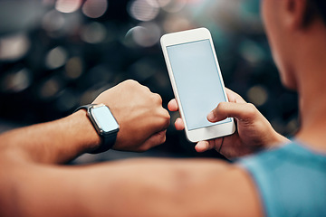 Image showing Mockup, tech and woman with smartwatch and phone linking mobile app, time and online data. Advertising, marketing and person using smartphone and digital wristband with blank, empty screen