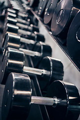 Image showing Fitness, workout and dumbbells in an empty gym for exercise, body building development or strength training for wellness. Commitment, motivation or heavy metal weights for strong arms or body muscles