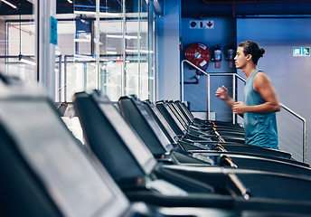 Image showing Running, fitness and man exercise on treadmill in gym workout, training or healthy cardio health, wellness and energy. Zoom, male and sports marathon athlete running in fitness practice for race