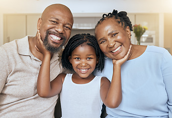 Image showing Love, care and portrait of a child with grandparents in the living room of their family home. Support, smile and girl kid with affection for happy senior man and woman in their house with flare