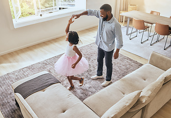 Image showing Man, father or girl ballet dancing in living room of house or happy family home in energy, ballerina tutu or dress in top view. Dad, child or dancer kid bonding in creative comic fun in South Africa