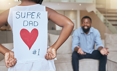 Image showing Fathers day, black man and girl with card for celebrating special event with father and daughter. Family, love and kid with dad to celebrate loving care with heart gift note at home for happy day