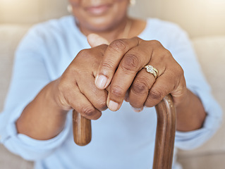 Image showing Life insurance, hope and hands of old woman with walking stick for a disability or balance in a nursing home. Zoom and elderly person with funeral cover, marriage ring and gratitude in retirement