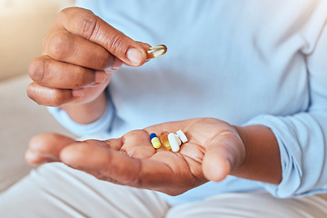 Image showing Health, wellness and pills in hand for medicine self care of black woman for pharmaceutical routine. Drugs, supplement and healthy chronic medication for vitality lifestyle of lady with hands zoom.