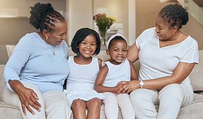 Image showing Black family on sofa, children smile with grandmother in living room and portrait in Chicago home. Happy mom loves young kids, relax together on couch with girl and elderly woman support on weekend