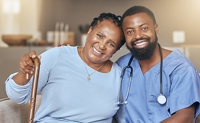 Image showing Nurse, senior black woman and doctor or caregiver hugging for support, love and gratitude in nursing home. Smile, healthcare worker and happy African elderly person with a cane for a disability