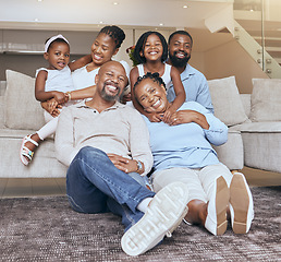 Image showing Portrait, big family and african american people bonding with love, care and affection in a family home. Generations, grandmother and grandfather with children and parents at home while relaxing