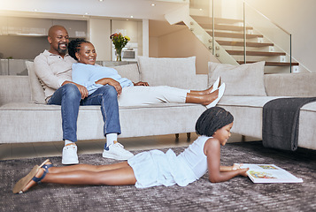 Image showing Black family, relax and child reading a book or fantasy story for children entertainment in house living room. Smile, mother and happy father relaxing on sofa with an African girl learning in Kenya