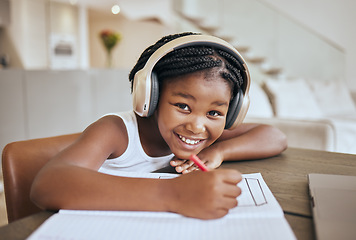 Image showing Education, elearning and headphones of african child listening to audio translation, language learning and writing notes in book. Black girl kid at home with e learning, online education and portrait