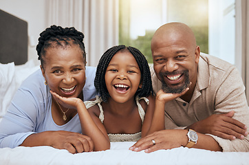 Image showing Portrait of happy family home, girl and grandparents on bed for fun morning, relax lifestyle. Smile senior man, black woman and playful kid child face together in bedroom for love, care and joy