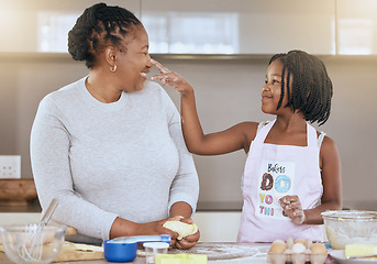 Image showing Happy, mother and child learning cooking or bake cake in kitchen at home. Family, breakfast nutrition and mom reaching kid or chef development activity together, love and quality time conversation