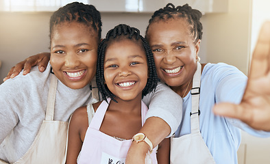 Image showing Black family, selfie and cooking in home kitchen with help, apron and happiness with girl, mother and grandmother for bonding time. Portrait and smile of child, woman and senior together for support