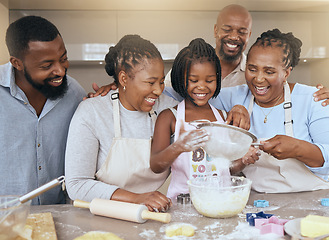 Image showing Big family, baking and learning while teaching girl to bake in kitchen counter, love and fun together in home. Black dad, mom and grandparents with kid with food, ingredients and flour for breakfast