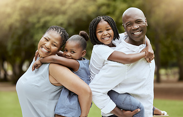 Image showing Black family, piggyback or bonding in nature park, sustainability garden or grass environment in trust or love security. Portrait, smile or happy black woman, father and fun children in kids backyard