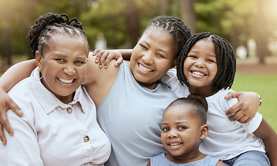 Image showing Black family hug of children, mother and grandmother relax together in nature park for freedom, fun quality time and bonding. Love, peace and generations portrait of cute happy kids, mom and grandma