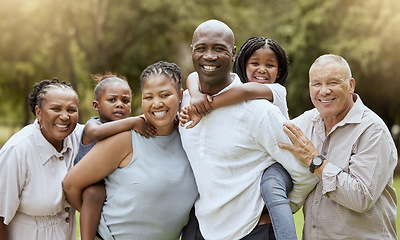 Image showing Black family, portrait or bonding in nature park, sustainability environment or countryside garden field in fun summer break. Smile, happy children or kids with mother, father and senior grandparents
