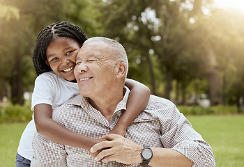 Image showing Mature man, love and hug child in nature with grandchild and grandfather with being loving, caring with affection outside. Old man, little girl and family embrace for love and care in natural park