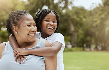 Image showing Black family, nature and child hug mother while relax in grass field park for bonding, mockup and quality time together. Love, youth child care and freedom for happy kid girl with mom, mama or parent