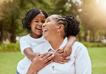 Image showing Love, family and child and mature woman hug in nature garden and park for affection hugging. Grandchild, grandmother and loving embrace outside in a green field for bonding in summer yard