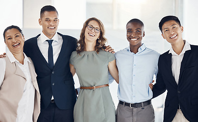 Image showing Teamwork, diversity and portrait of business people in collaboration, working and support at a corporate company. Executive employees with trust, motivation and smile for solidarity at agency
