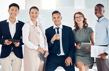 Image showing Business people, corporate team and collaboration with diversity for success, growth and innovation at advertising or marketing agency. Portrait of men and women smile in office for shared vision