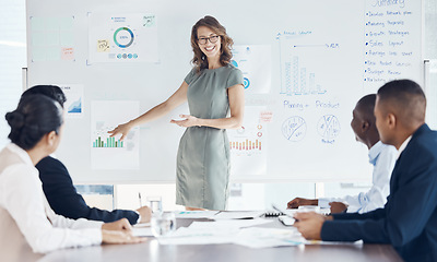 Image showing Business woman, leadership and coaching on whiteboard for marketing strategy, meeting or presentation at the office. Happy female manager or mentor teaching employee workers company graph analytics