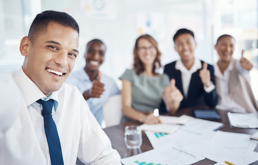 Image showing Teamwork, diversity and selfie of business people in the office with thumbs up for success. Collaboration, workforce and man taking picture after meeting with paperwork, documents and reports on desk