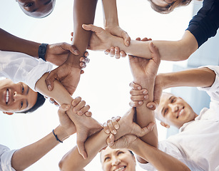 Image showing Team, hands and employee support for team building motivation on mission goals. Diversity, business teamwork and holding hands for success or trust collaboration in corporate startup community