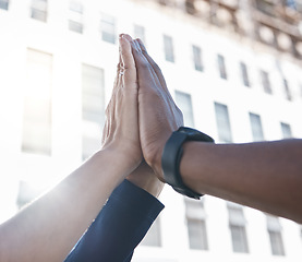 Image showing Business people, hands and high five in city for success, community support or global company growth progress. Zoom, teamwork collaboration or motivation hand gesture in employee team building goals