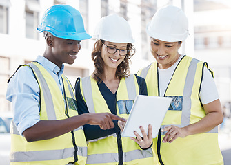 Image showing Construction, tablet and teamwork on a building project outdoor while planning and talking strategy, idea and vision together. Diversity, engineering and software for development, innovation and plan