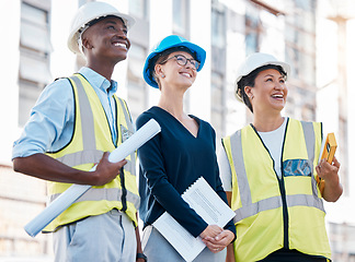 Image showing Architect, engineer and happy with building development, strategy and teamwork for property success on construction site. Contractor, realtor and engineering expert smile at architecture work project